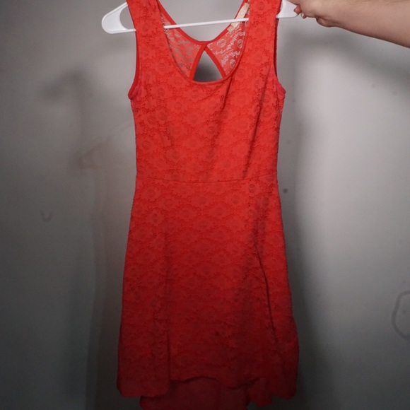 Open back, Keyhole High-Low Pink/Red Lace Dress - Picture 5 of 6